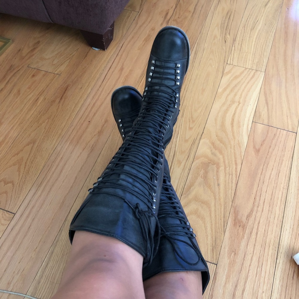 Madden girl tall lace up boots, dark grey